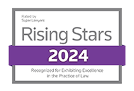 Badge reading 'Rising Stars 2024,' acknowledging excellence in legal practice, with voting attributed to Super Lawyers