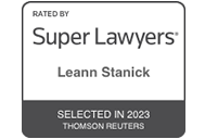 Super Lawyers badge featuring Leann Stanick, selected in 2023 by Thomson Reuters